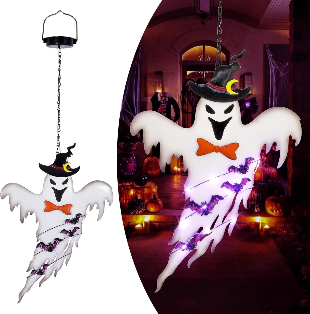 Halloween Decorations Outdoor Solar Lights Metal Wall Art Hanging Ghost Halloween Garden Garden Lighted Displays Outdoor Winter Decorations (White Ghost)